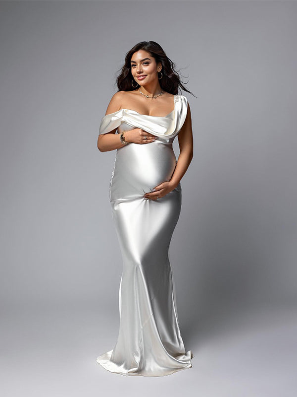 Blanco Hombros Descubiertos Satén Espalda Descubierta Sirena Vestidos De Foto De Maternidad