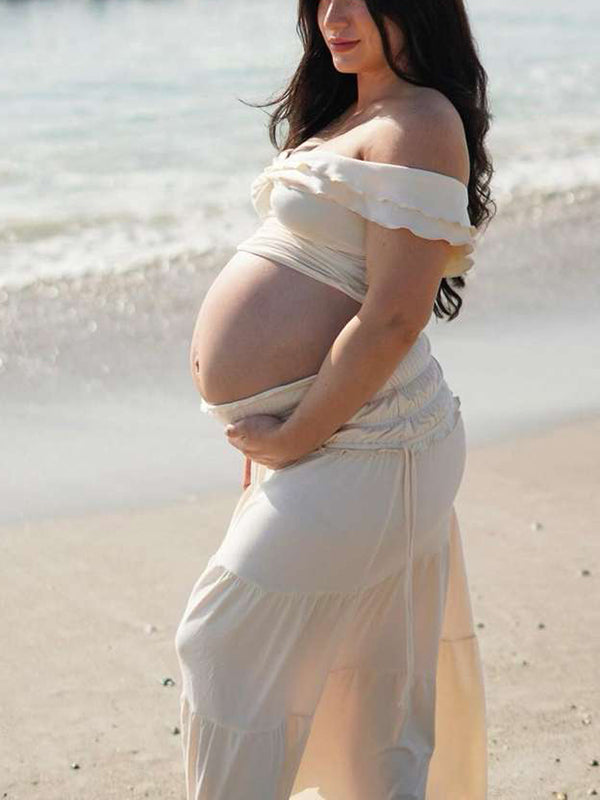 Blanco Marfil Dos Piezas Desactivar Hombro Falbala De Volantes Bodycon Elegante Maternidad Boho Sesión De Fotos Baby Shower Maxi Vestido