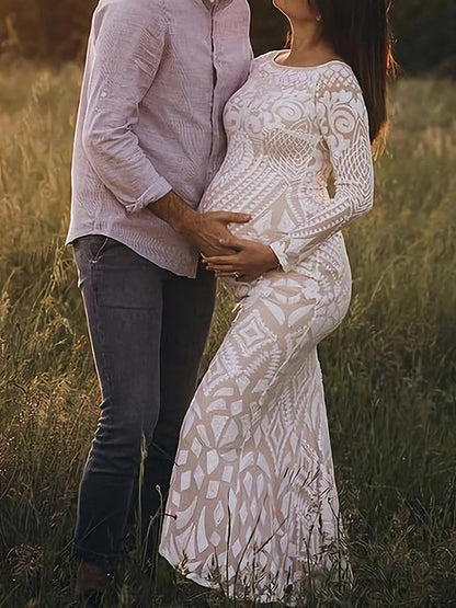 Blanco Encaje Lentejuelas Hombros Descubiertos Sirena Vestido De Novia Baby Shower Elegante Formal Vestidos De Foto De Maternidad