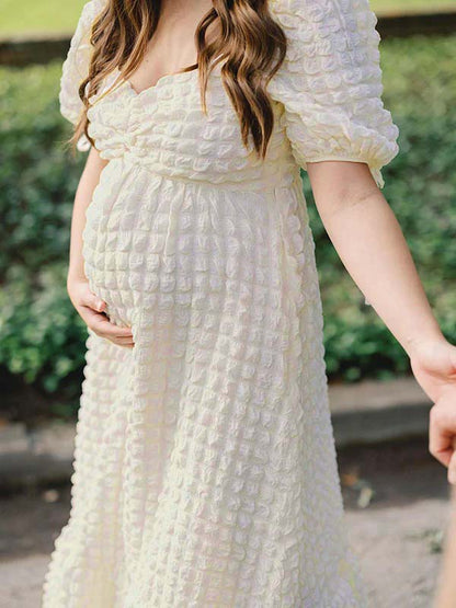 Vestido Maxi Maternidad Elegante con Fruncido y Manga Abullonada para Fiesta Fotos
