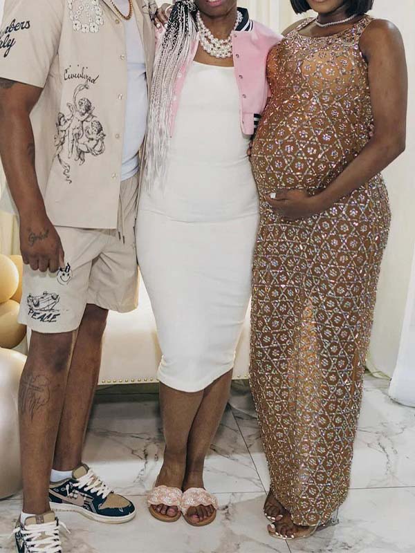 Vestido Maxi Maternidad con Abertura Lateral y Malla Transparente para Baby Shower