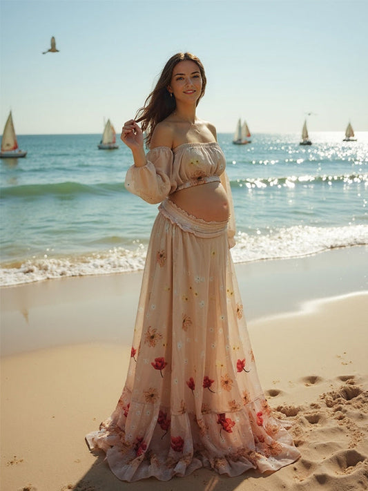 Vestido Premamá Boho Impresión con Sin Hombros y Tela De Cultivo Bandeau