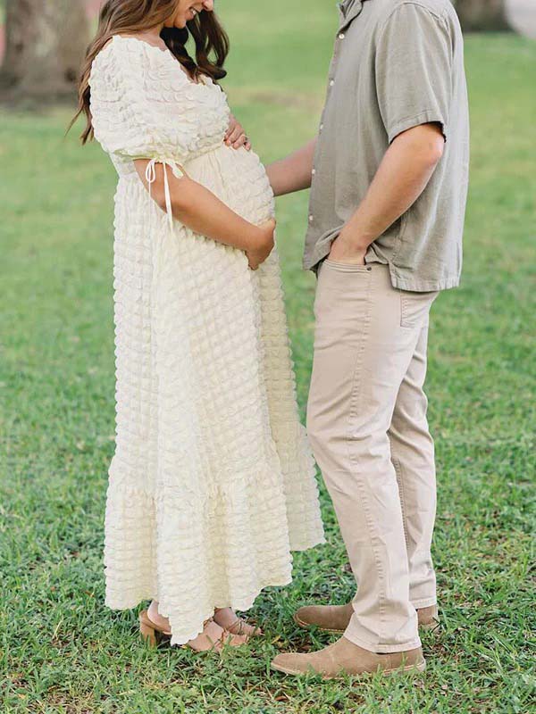 Vestido Maxi Maternidad Elegante con Fruncido y Manga Abullonada para Fiesta Fotos