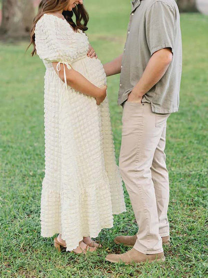 Vestido Maxi Maternidad Elegante con Fruncido y Manga Abullonada para Fiesta Fotos