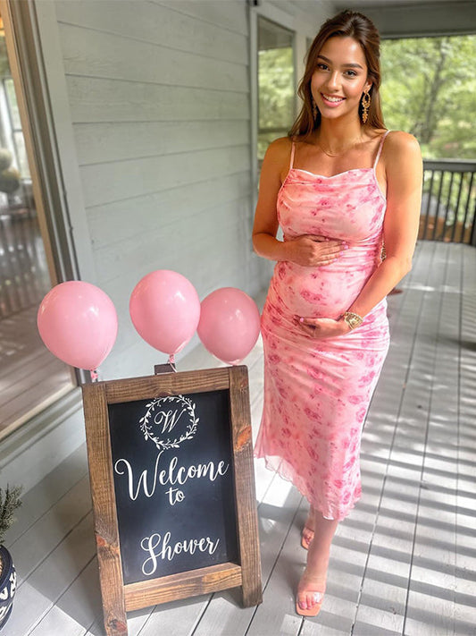 Rosa Floral Tul Acanalado Ajustado Bonito Revelación De Sexo Para Baby Shower Maternidad Vestido Midi