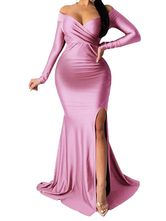 Rosa Sin Hombros Manga Larga Abertura Ajustado Fiesta De Bienvenida Al Bebé Bata Embarazo Maxivestido Premamá