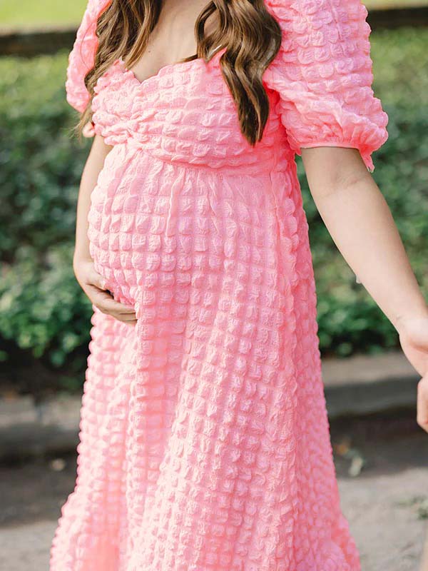 Vestido Maxi Maternidad Elegante con Fruncido y Manga Abullonada para Fiesta Fotos