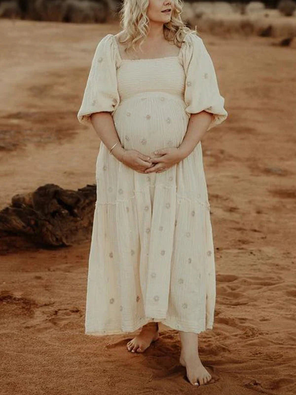 Albaricoque Estampado De Margaritas Fruncido Hombros Descubiertos Volantes Falda Amplia Elegante Vestidos De Foto De Maternidad