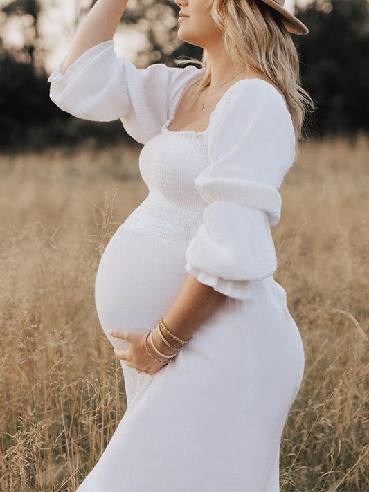 Blanco Volantes Acanalado Cintura Alta Manga Globo Bonito Vestidos De Foto De Maternidad