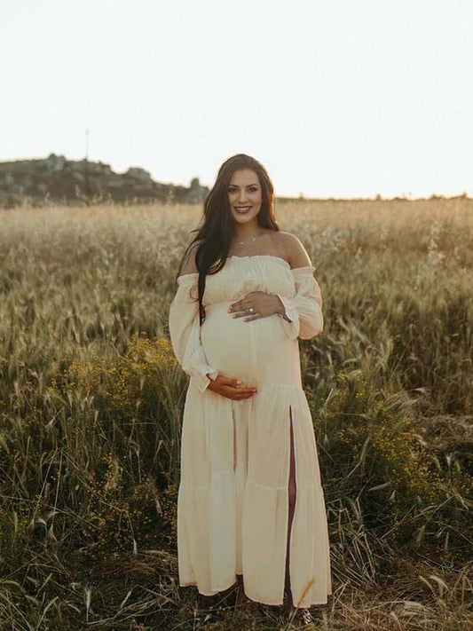 Fluido Sin Hombros Volantes Abertura Lateral Bohemio Elegante Fotografía Maternidad Vestido Largo