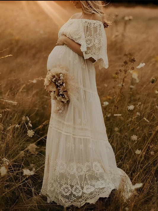 Blanco Hombros Descubiertos Encaje Cuello De Barco Fluido Elegante Vestido De Fotos De Maternidad