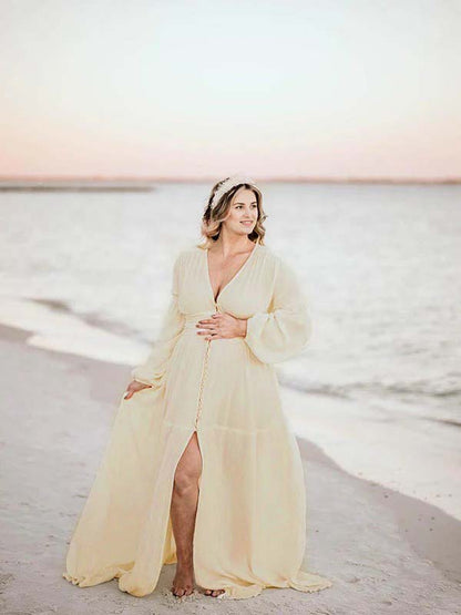 Vestido Maxi Maternidad Boho Elegante Botones Simples Abierto Para Fotos