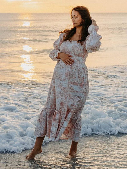 Blanco Volantes Acanalado Cintura Alta Manga Globo Bonito Vestidos De Foto De Maternidad