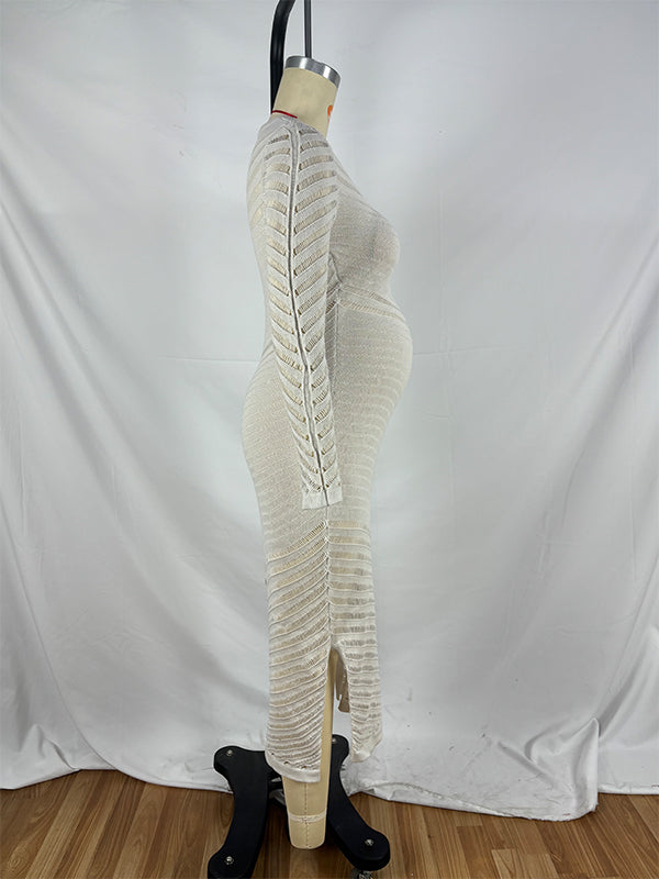 Vestido Maxi Maternidad con Corte y Transparencias a Rayas para Sesión de Fotos