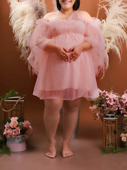 Vestido Mini de Maternidad en Talla Grande con Hombros Descubiertos, Volantes y Tul Tutu para Baby Shower