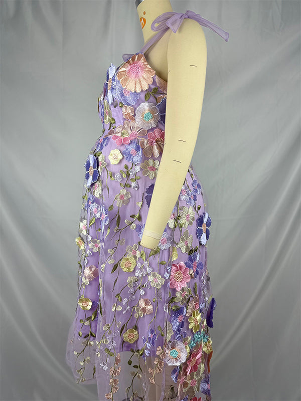 Vestido Maxi de Maternidad Flores Bordadas Tul Gasa para Baby Shower