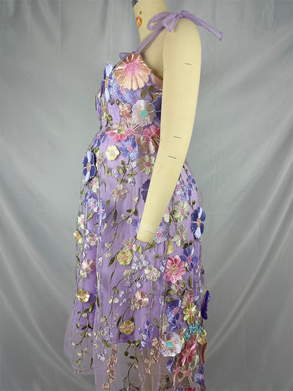 Vestido Maxi de Maternidad Flores Bordadas Tul Gasa para Baby Shower