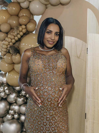 Vestido Maxi Maternidad con Abertura Lateral y Malla Transparente para Baby Shower