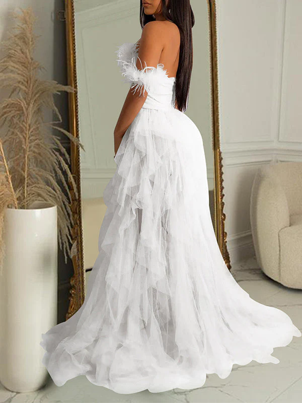 Escote palabra de honor Hombros descubiertos Pluma Tul Elegante Vestido Largo De Foto De Maternidad