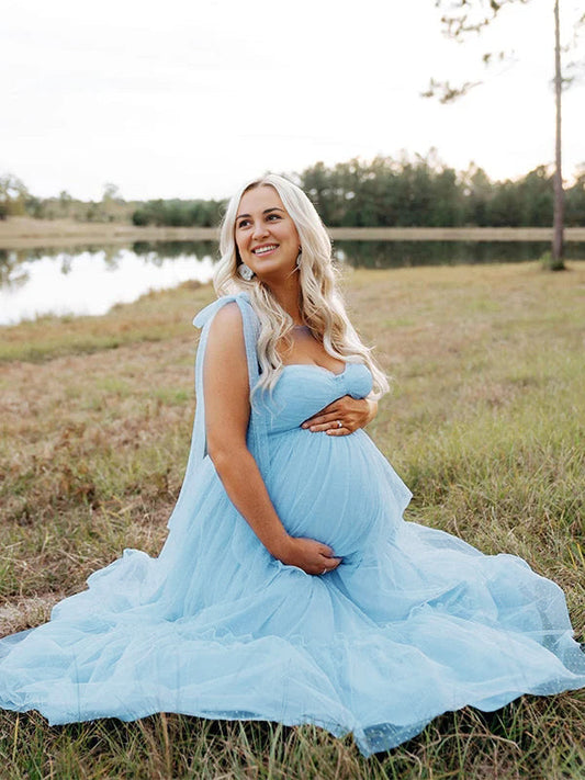 Vestido Maxi Maternidad Con Tirantes Finos Y Volantes Lazo Tul Para Fotos Y Baby Shower