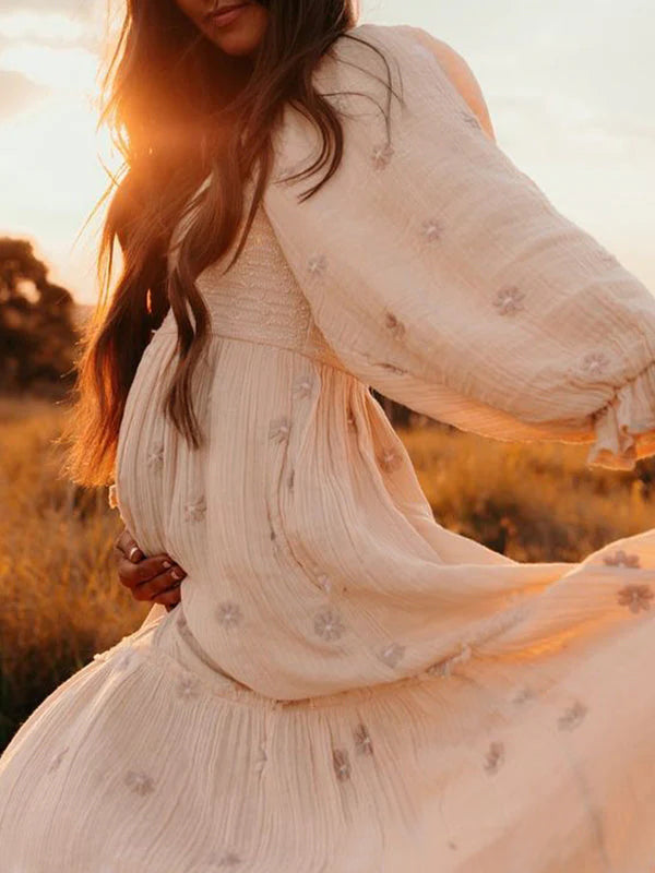 Albaricoque Estampado De Margaritas Fruncido Hombros Descubiertos Volantes Falda Amplia Elegante Vestidos De Foto De Maternidad