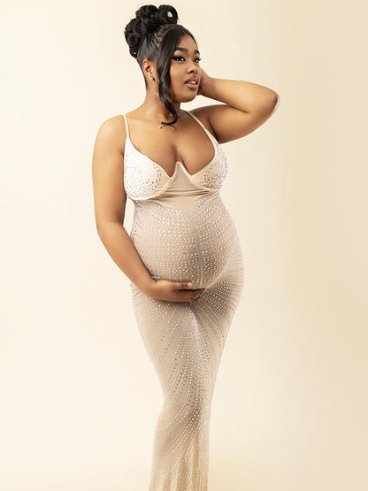 Vestido Elegante para Sesiones de Fotos con Tirantes de Espagueti y Malla para Premamá