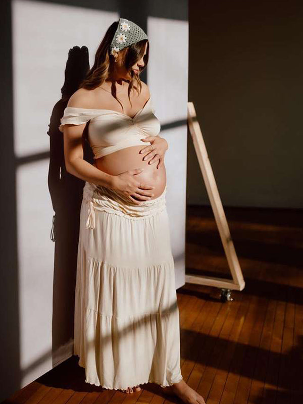 Blanco Marfil Dos Piezas Desactivar Hombro Falbala De Volantes Bodycon Elegante Maternidad Boho Sesión De Fotos Baby Shower Maxi Vestido