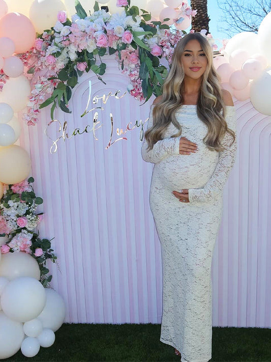 Vestido Largo De Maternidad Para Baby Shower Con Hombros Descubiertos Y Abertura Lateral, De Encaje