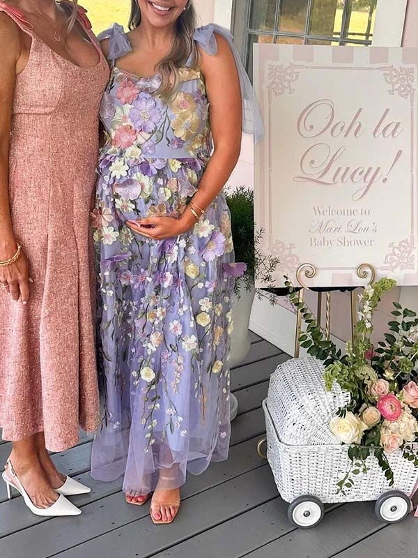 Vestido Maxi de Maternidad Flores Bordadas Tul Gasa para Baby Shower