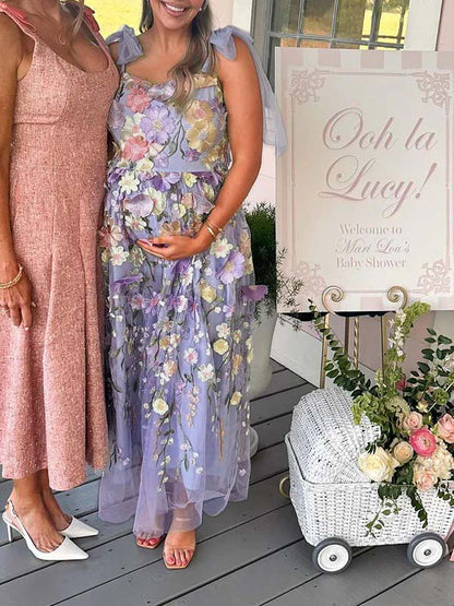 Vestido Maxi de Maternidad Flores Bordadas Tul Gasa para Baby Shower