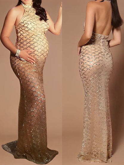Sin Hombros Espalda Descubierta Lentejuelas Sirena Escote Halter Banquete Fotografía Maternidad Vestido Largo