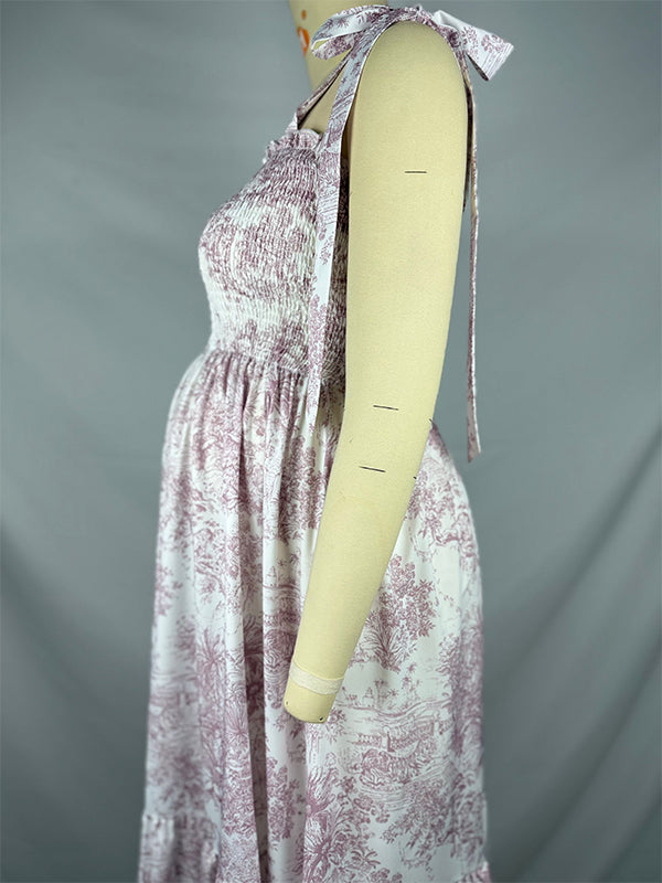 Vestido Maxi de Maternidad en Estampado Floral con Lazo Estilo Bohemio para Sesión de Fotos y Baby Shower