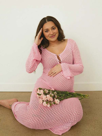 Vestido Maxi Maternidad con Escote en V y Espalda Descubierta para Fotos Baby Shower