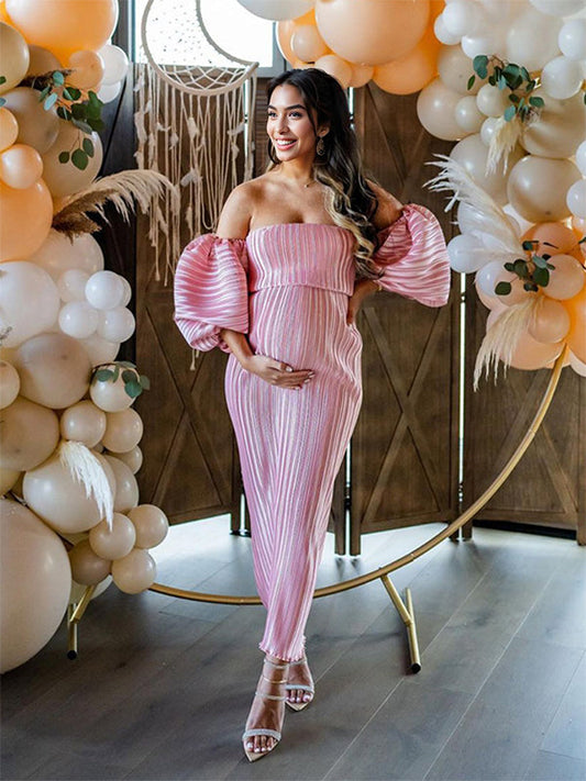 Rosa Hombros Descubiertos Escote Palabra De Honor Acanalado  Plisado Manga Globo Vestidos Para Baby Shower