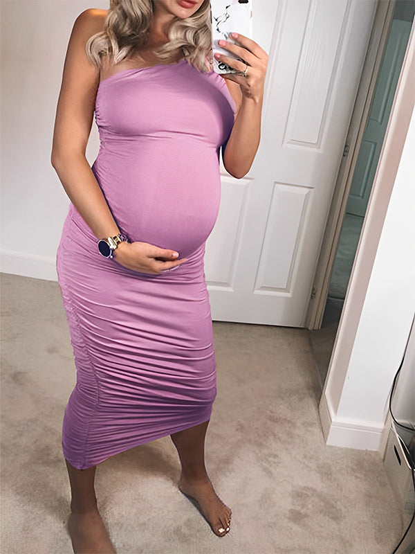 Vestido Midi Elegante con Manga de Un Hombro Fruncido para Baby Shower