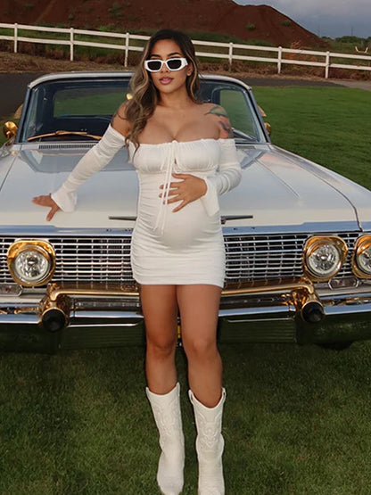Vestido Mini de Maternidad con Rizo y Manga Acampanada, Lace-Up para Salidas Diarias
