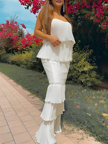Vestido Largo De Maternidad Con Bandeau  Y Volantes Para Un Baby Shower