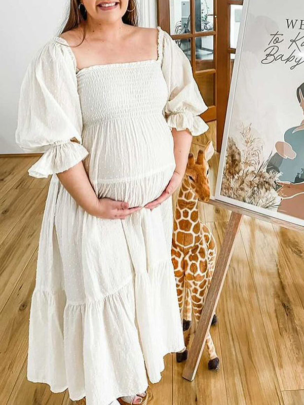 Blanco Sin Hombros Volantes Manga Globo Lazo BohemioI Maternidad Vestido Largo