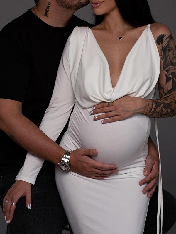 Una Manga Espalda Descubierta Corbata Cuello en V Ajustado Fotografía Maternidad Vestido Largo