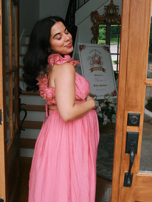 Vestido Maxi Maternidad Tul Con Volantes , Pliegues Y Lazo Para Fiesta Y Baby Shower