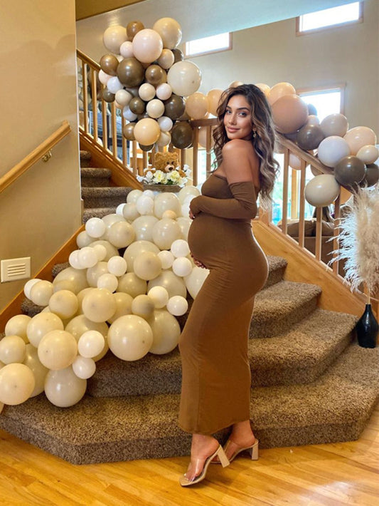 Marrón Sin Hombros Manga Larga Ajustado Elegante Para Baby Shower Fotografía Maternidad Vestido Largo