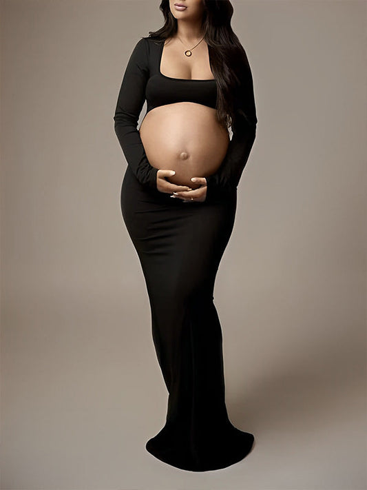 Negro Calado Sirena Camiseta Espalda Descubierta Manga Larga Vestidos Foto De Maternidad
