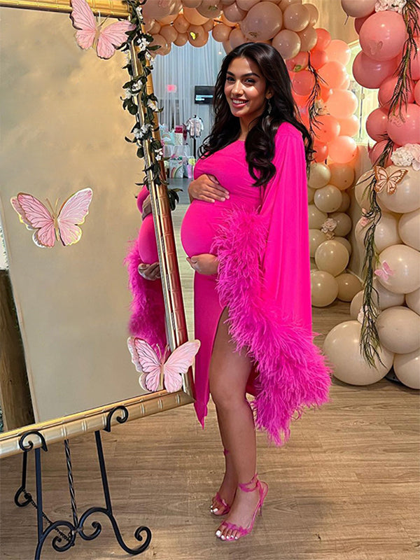 Vestido Midi de Maternidad Ajustado con Un Hombro Y Detalle de Plumas Lateral para Baby Shower