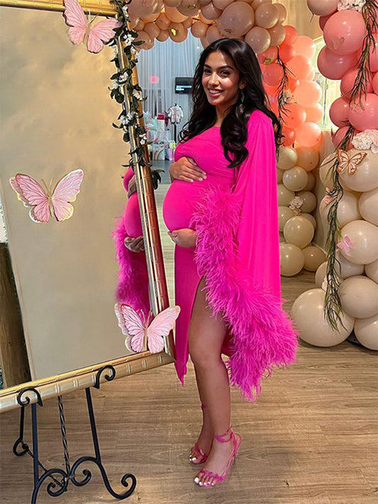 Vestido Midi de Maternidad Ajustado con Un Hombro Y Detalle de Plumas Lateral para Baby Shower
