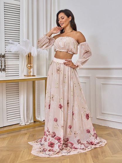 Vestido Premamá Boho Impresión con Sin Hombros y Tela De Cultivo Bandeau