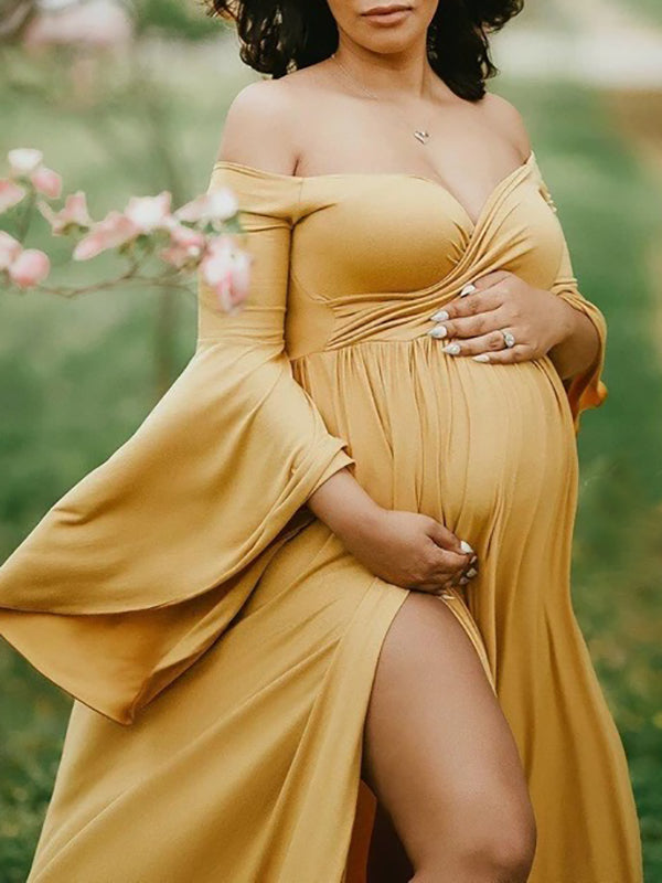 Vestido Largo de Maternidad  con Sin Hombros y Cuello En V Hendidura para Fiesta y Fotografía