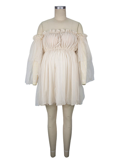 Vestido Mini de Malla para Baby Shower de Tulle con Hombros Descubiertos para Maternidad
