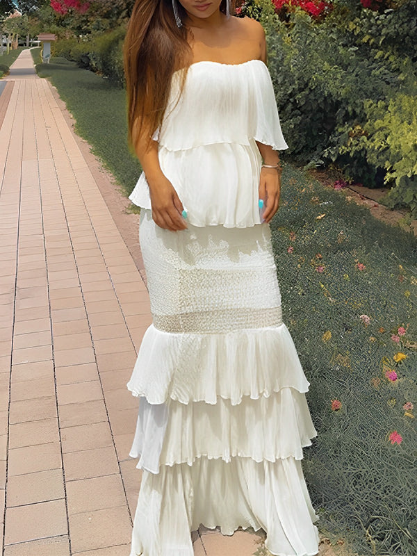 Vestido Largo De Maternidad Con Bandeau  Y Volantes Para Un Baby Shower