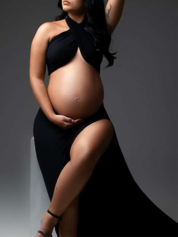 Negro Recorte Ranuras Laterales Altas Escote Halter Fotografía Maternidad Vestido Largo