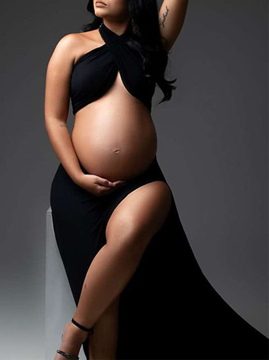 Negro Recorte Ranuras Laterales Altas Escote Halter Fotografía Maternidad Vestido Largo
